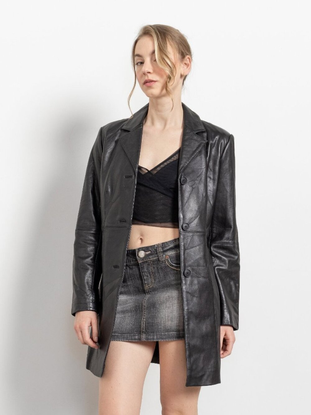 BLACK LEATHER BLAZER Vintage Jacket Coat Woman Fall Spring 90's / Small